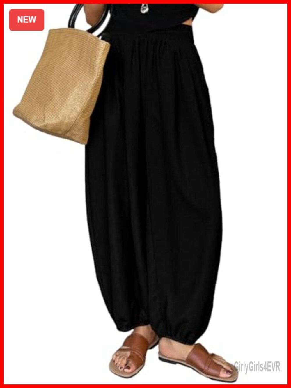 Women's High Waisted Boho Harem Pants Elastic Waist Tapered Ankle Pockets